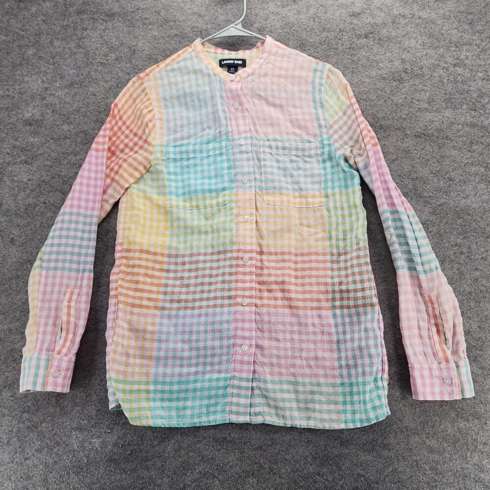 Lands End Shirt Womens XS 2-4 Roll Tab Linen Multi Color Check Gingham